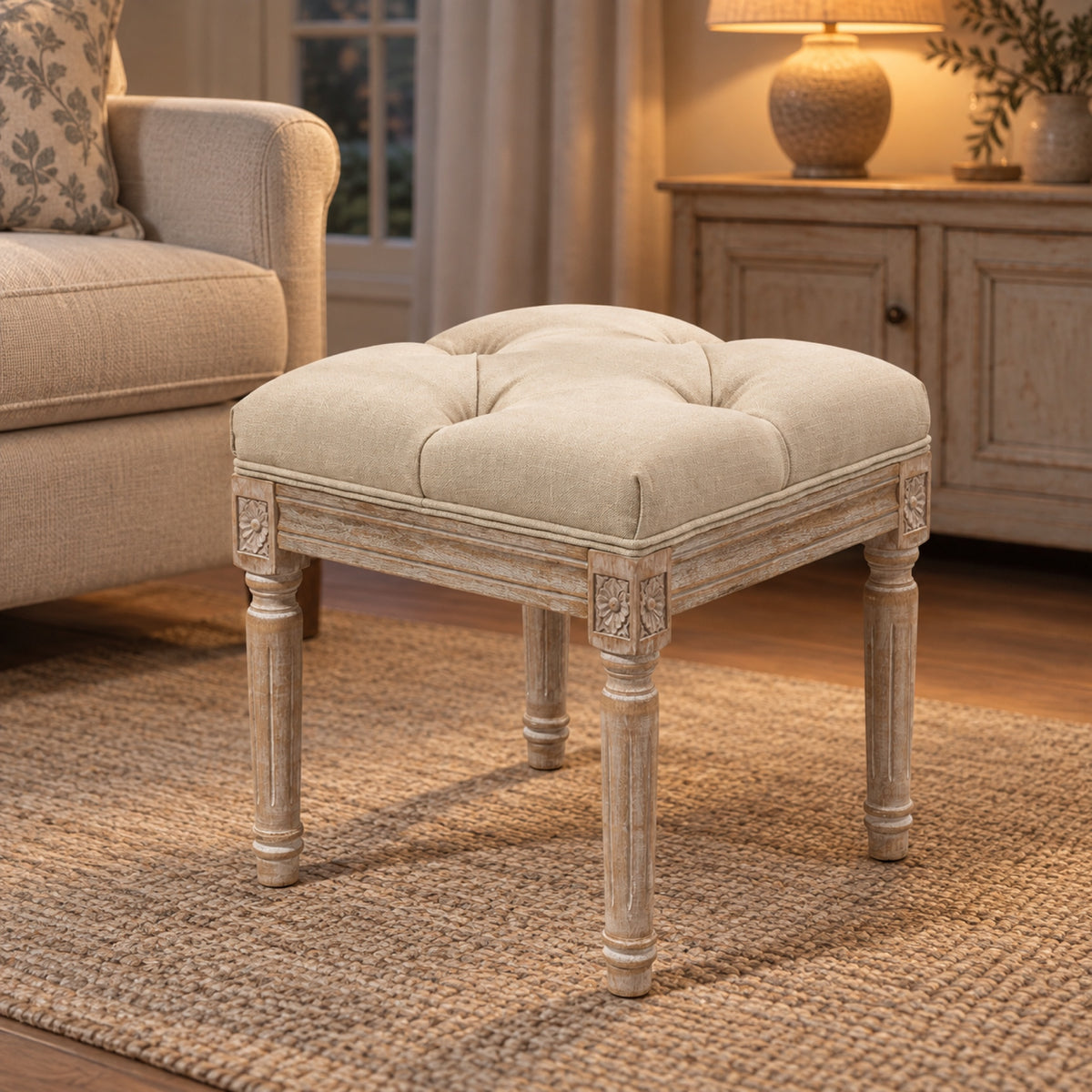 Repose-pieds vintage capitonné aspect lin beige, vue principale