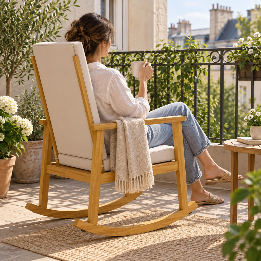 Rocking chair en acacia, dossier haut et coussins beiges, à l'usage