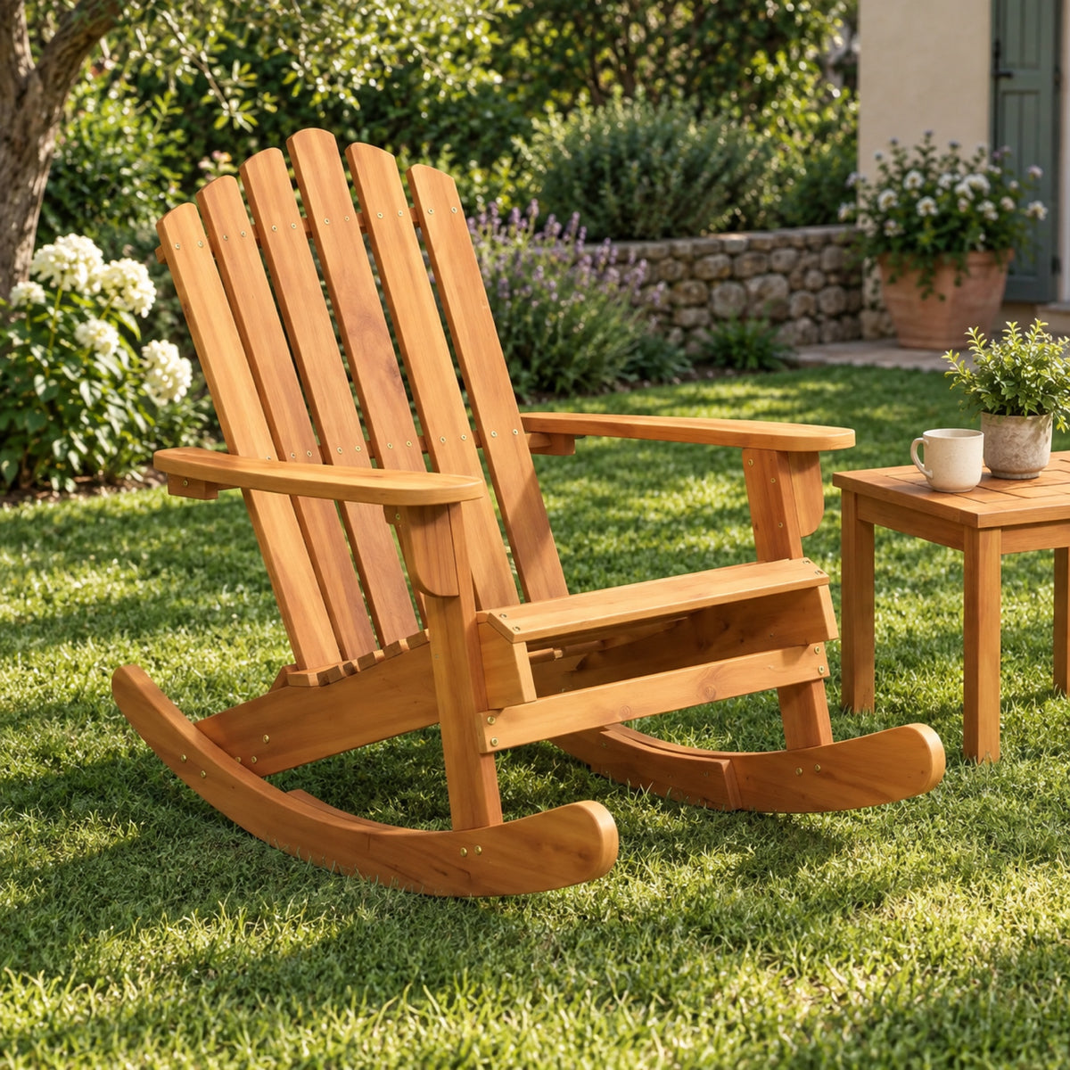 Rocking chair Adirondack en acacia massif, mis en situation