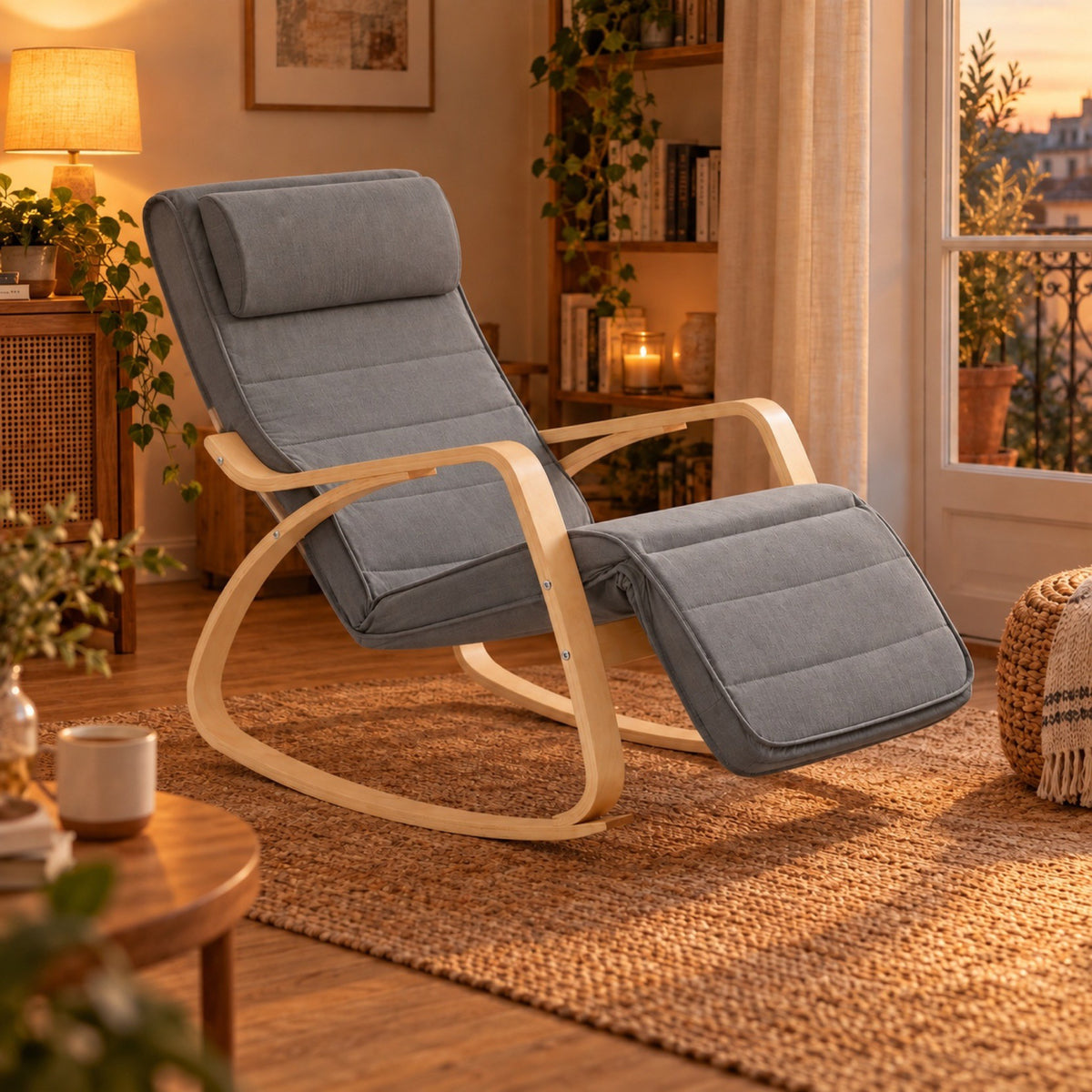 Rocking chair en bois de bouleau, repose-pieds réglable – coloris gris foncé