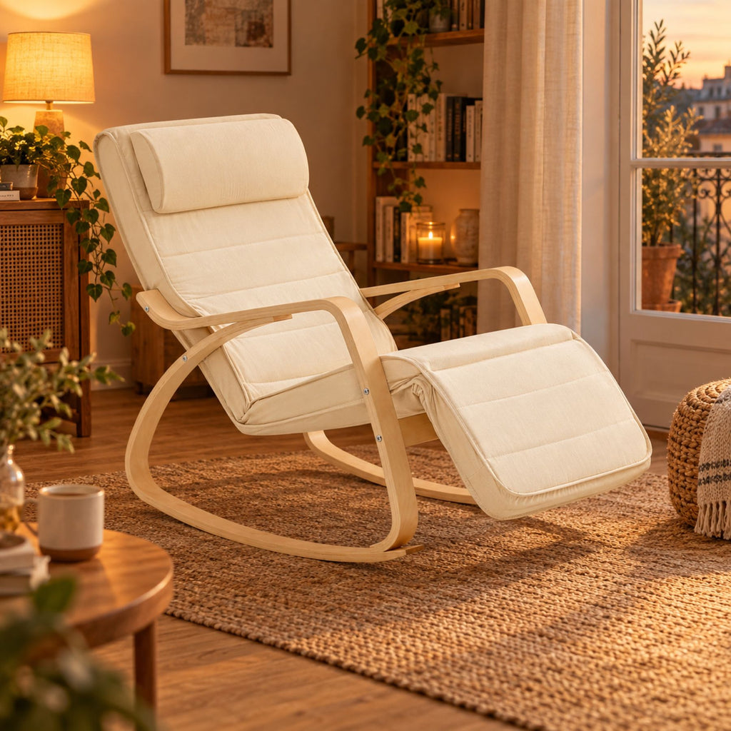 Rocking chair en bois de bouleau, repose-pieds réglable – vue d'ensemble