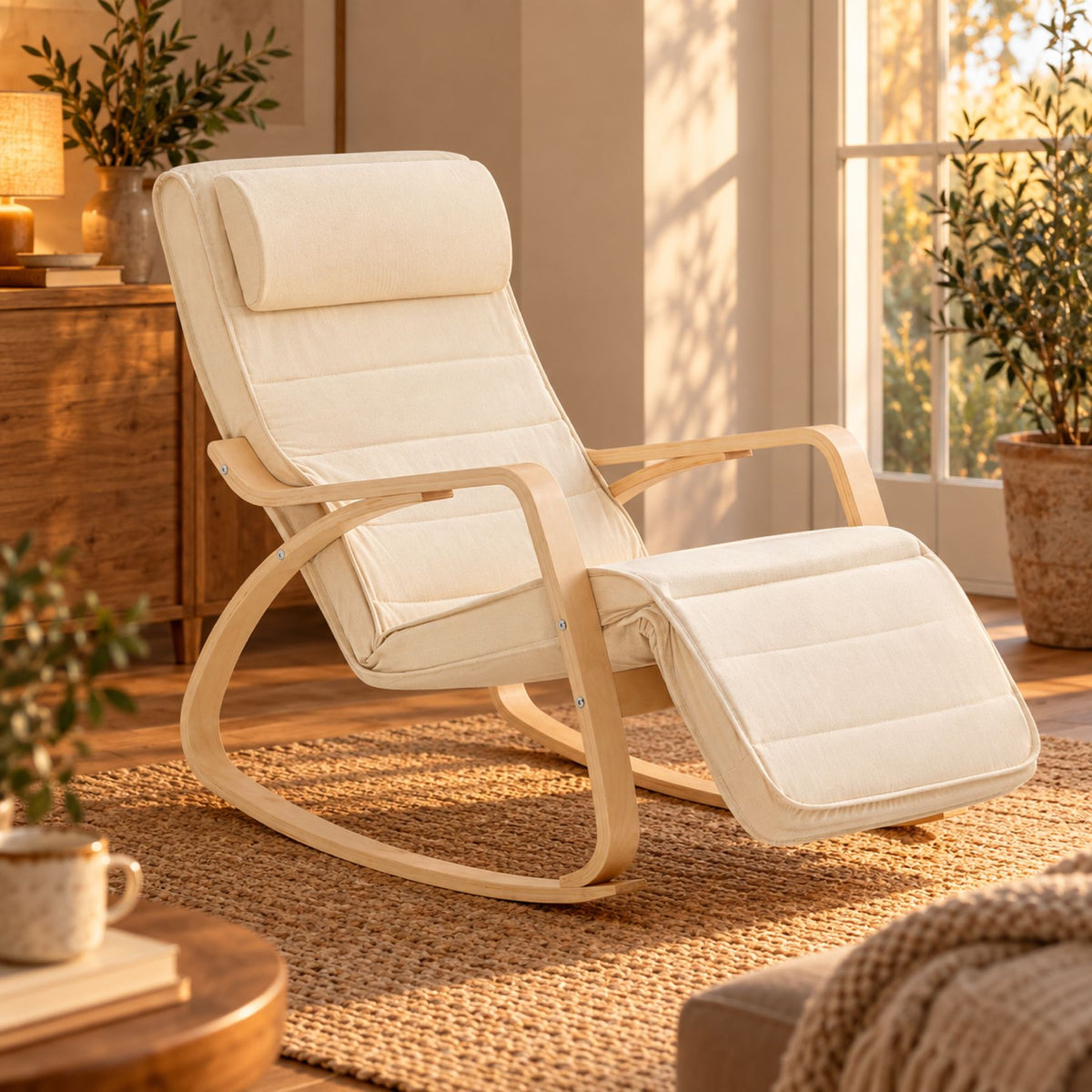 Rocking chair en bois de bouleau, repose-pieds réglable – position inclinée