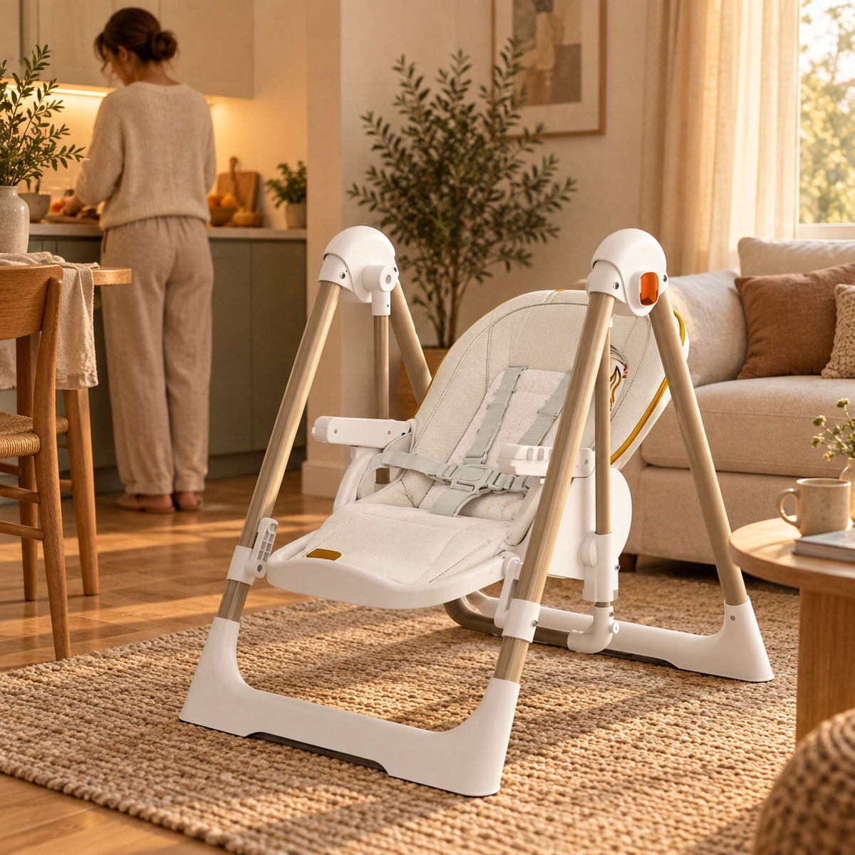 Siège bébé 2 en 1, transat à bascule et chaise haute – en situation