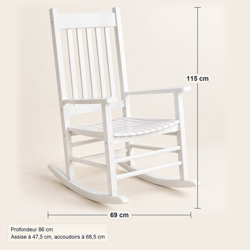 Rocking chair classique en bois blanc, dossier à lattes, dimensions