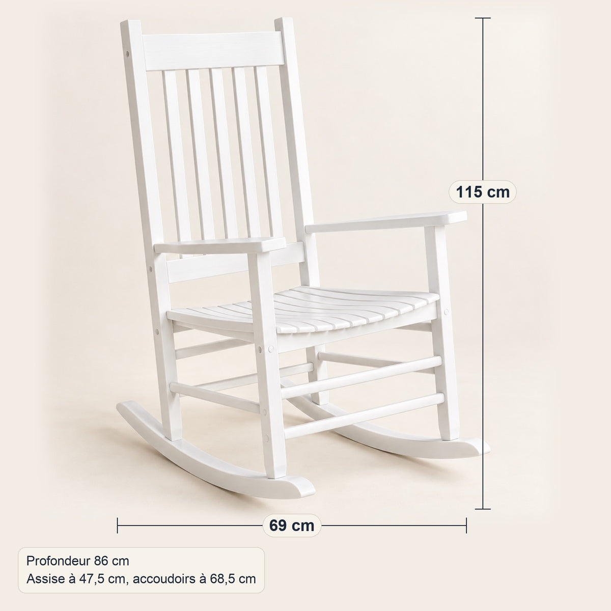 Rocking chair classique en bois blanc, dossier à lattes, dimensions