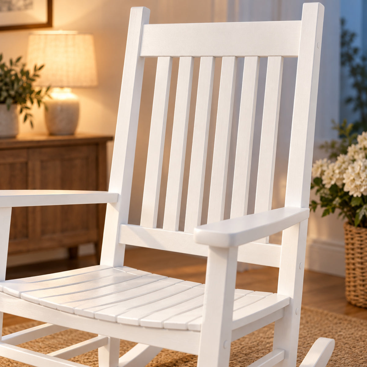 Rocking chair classique en bois blanc, dossier à lattes, gros plan sur la matière