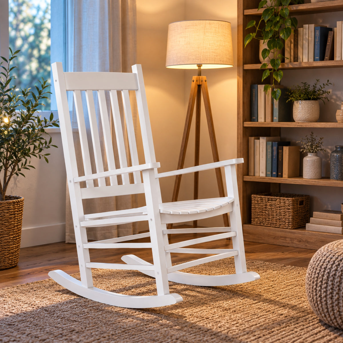 Rocking chair classique en bois blanc, dossier à lattes, mis en situation