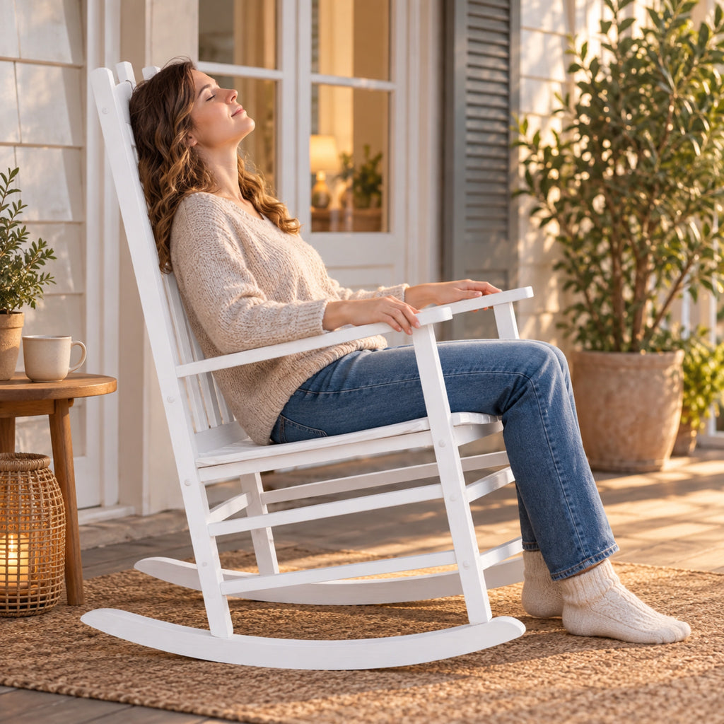 Rocking chair classique en bois blanc, dossier à lattes, à l'usage