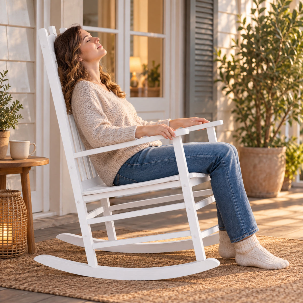 Rocking chair classique en bois blanc, dossier à lattes, à l'usage