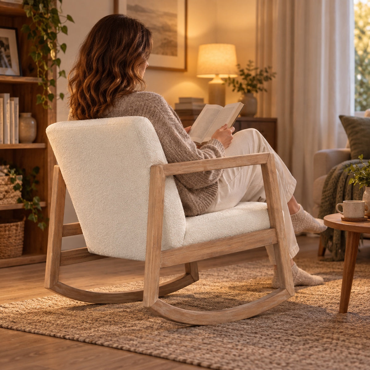 Rocking chair en bouclette blanche, cadre en bois ouvert, à l'usage