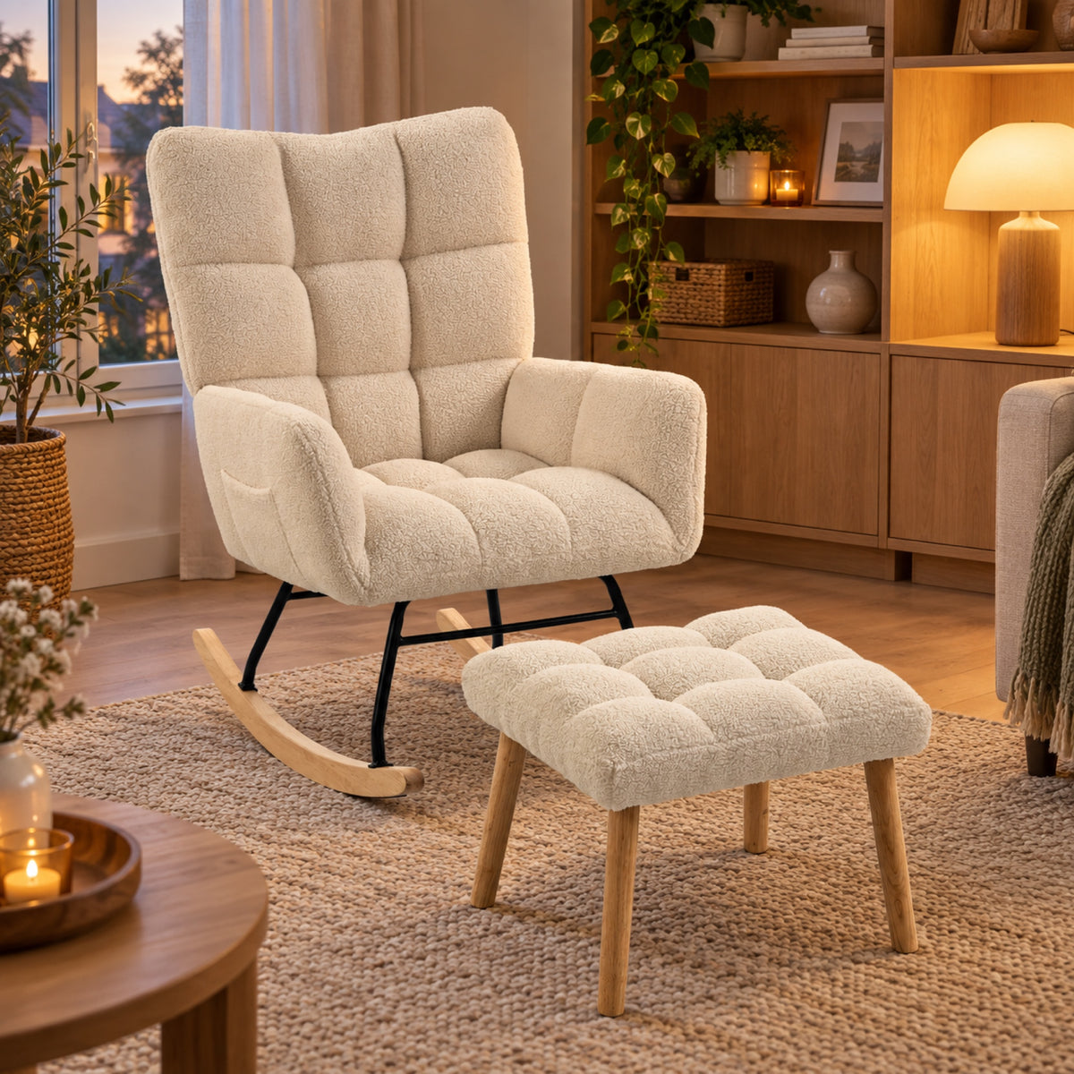 Rocking chair en bouclette crème capitonnée, avec pouf, vue principale