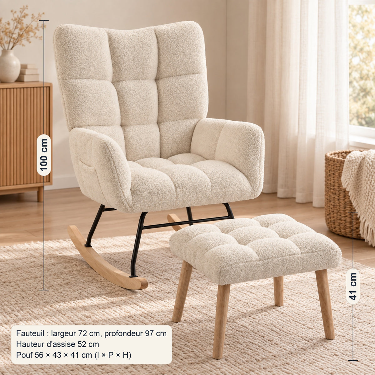 Rocking chair en bouclette crème capitonnée, avec pouf, dimensions