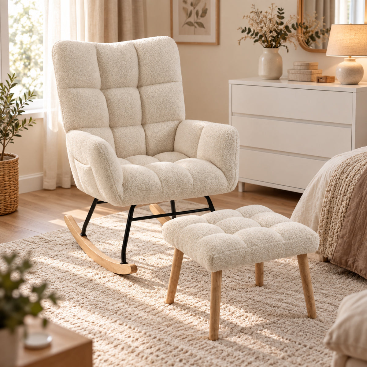 Rocking chair en bouclette crème capitonnée, avec pouf, mis en situation