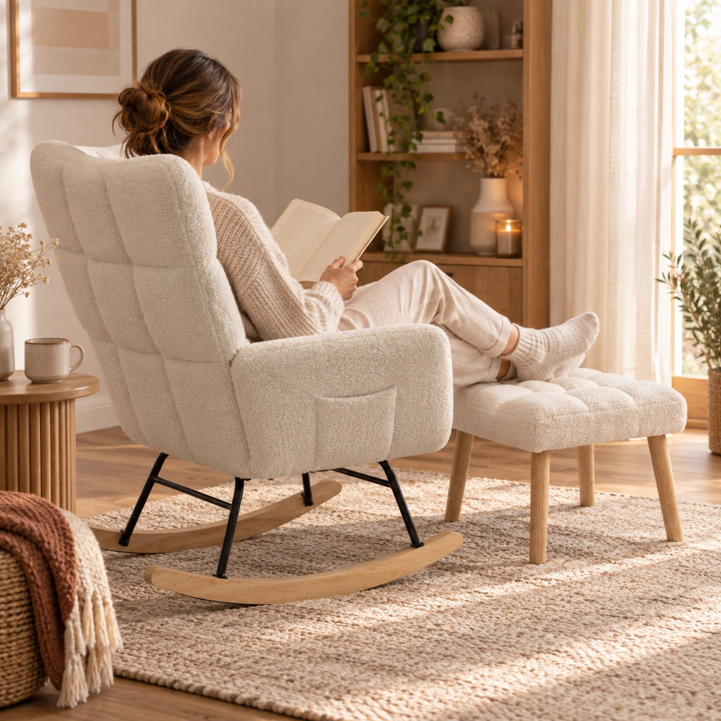 Rocking chair en bouclette crème capitonnée, avec pouf, à l'usage