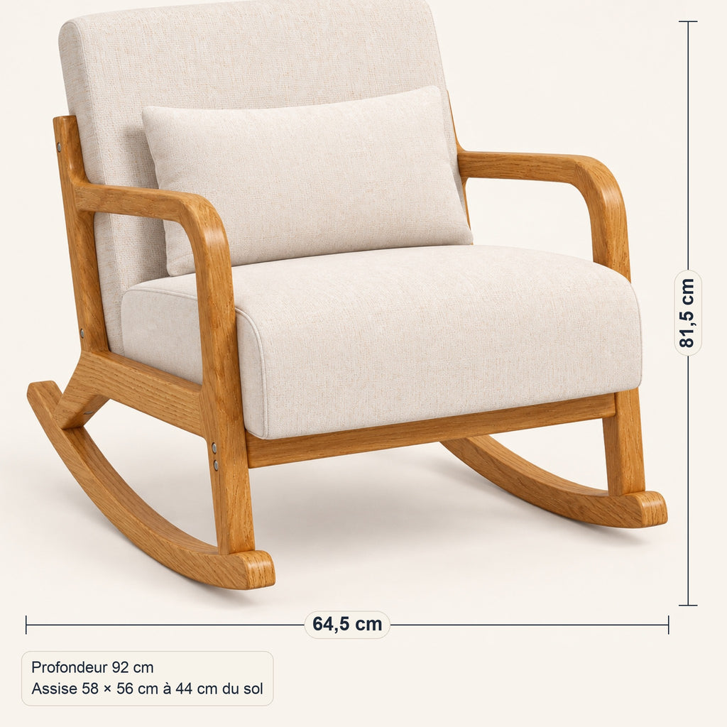 Rocking chair effet lin crème, cadre en bois clair, dimensions