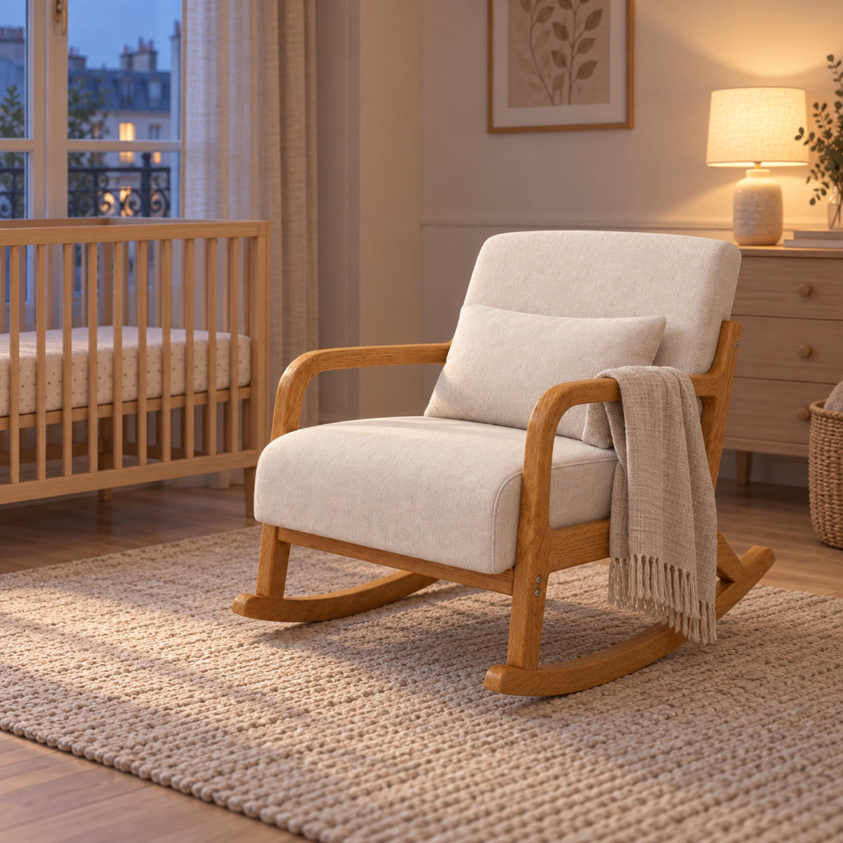 Rocking chair effet lin crème, cadre en bois clair, mis en situation