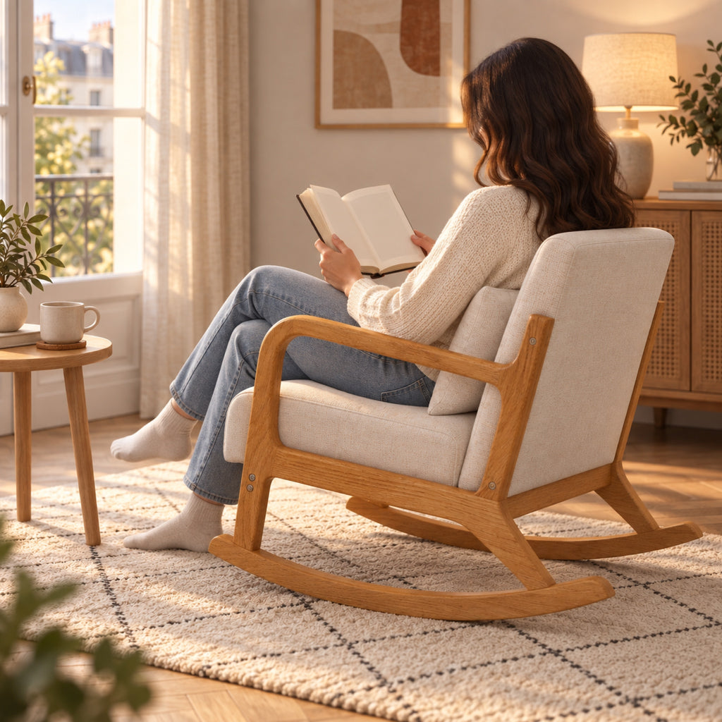 Rocking chair effet lin crème, cadre en bois clair, à l'usage