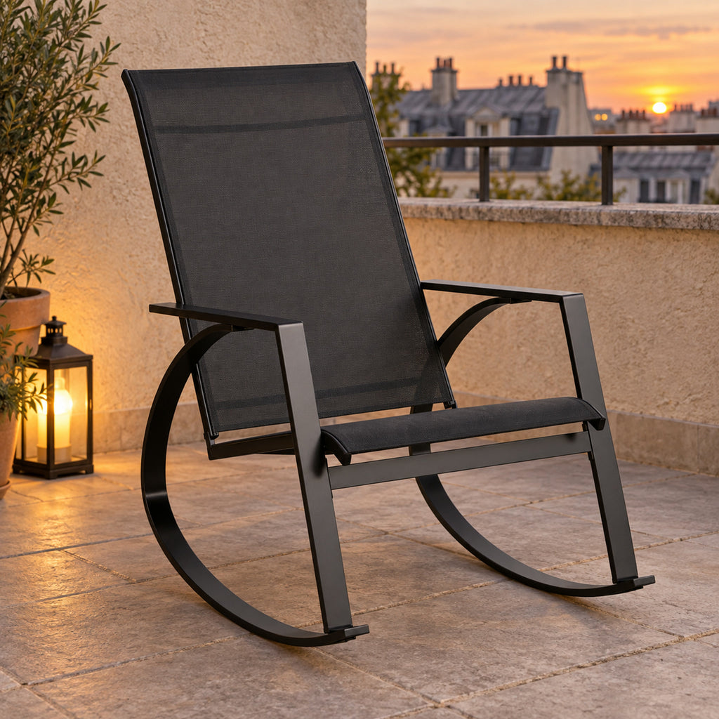 Rocking chair de jardin en métal noir et toile, vue principale
