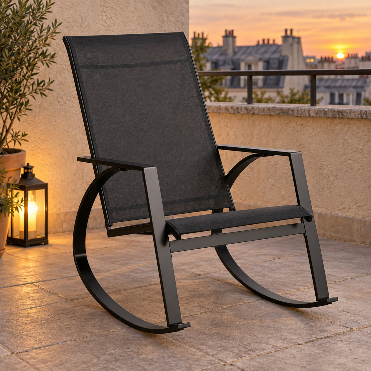 Rocking chair de jardin en métal noir et toile, vue principale
