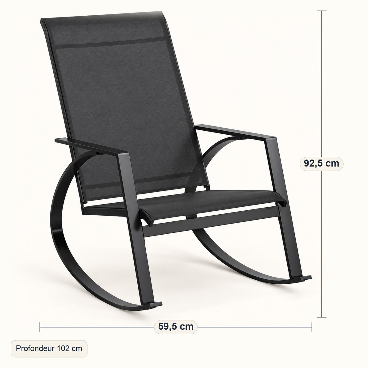 Rocking chair de jardin en métal noir et toile, dimensions