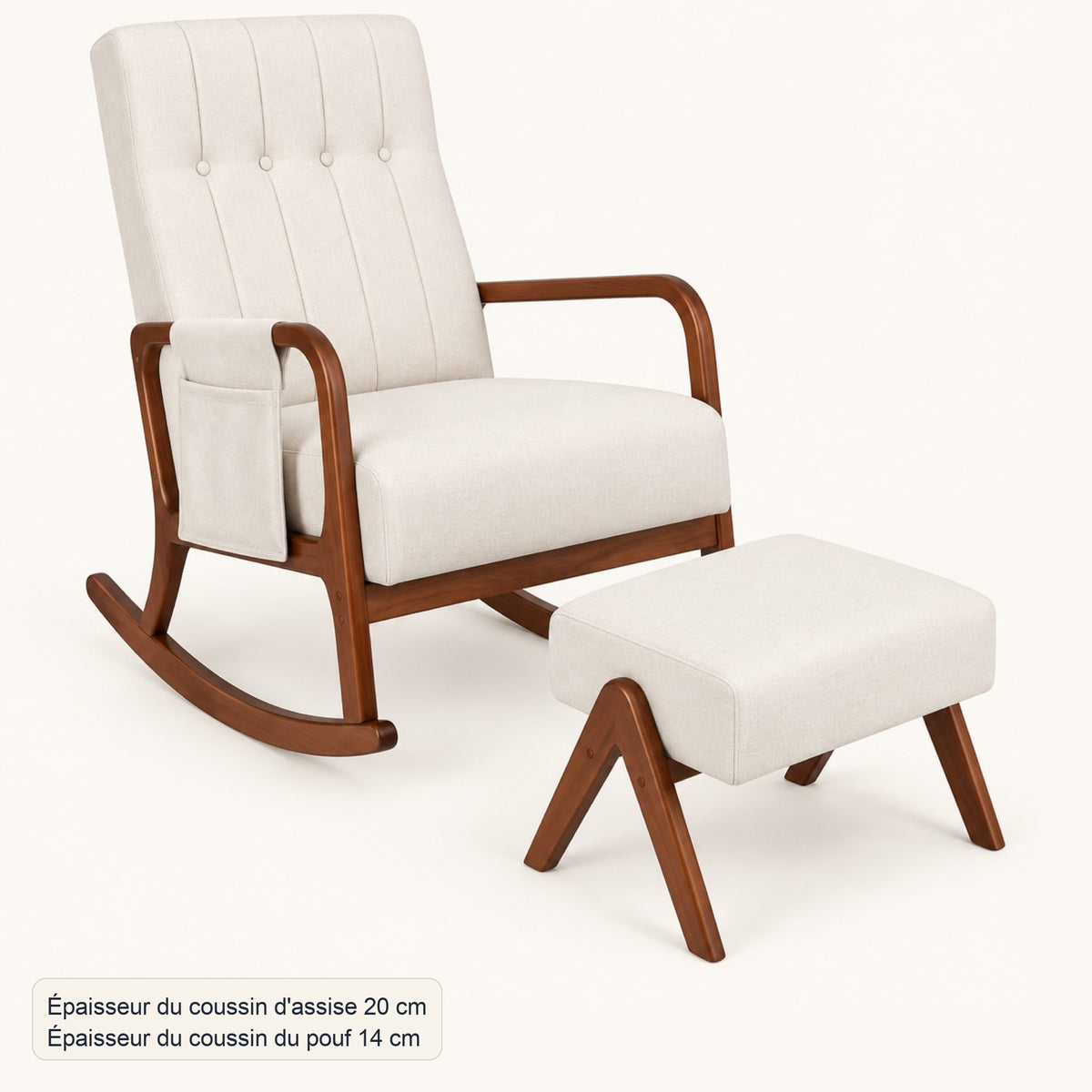 Rocking chair en lin crème et bois teinte noyer, avec pouf, dimensions