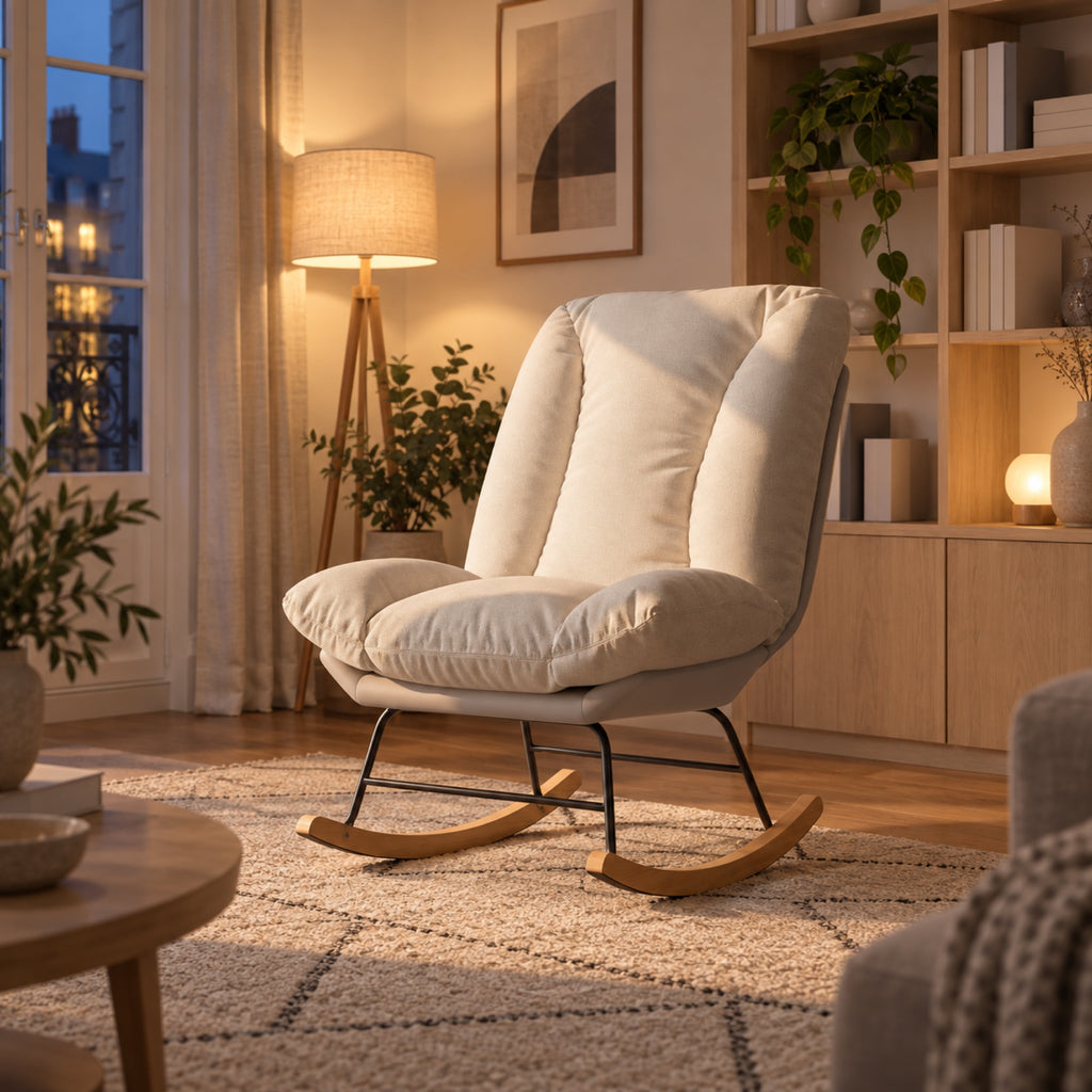 Rocking chair lounge effet lin, dossier réglable, mis en situation