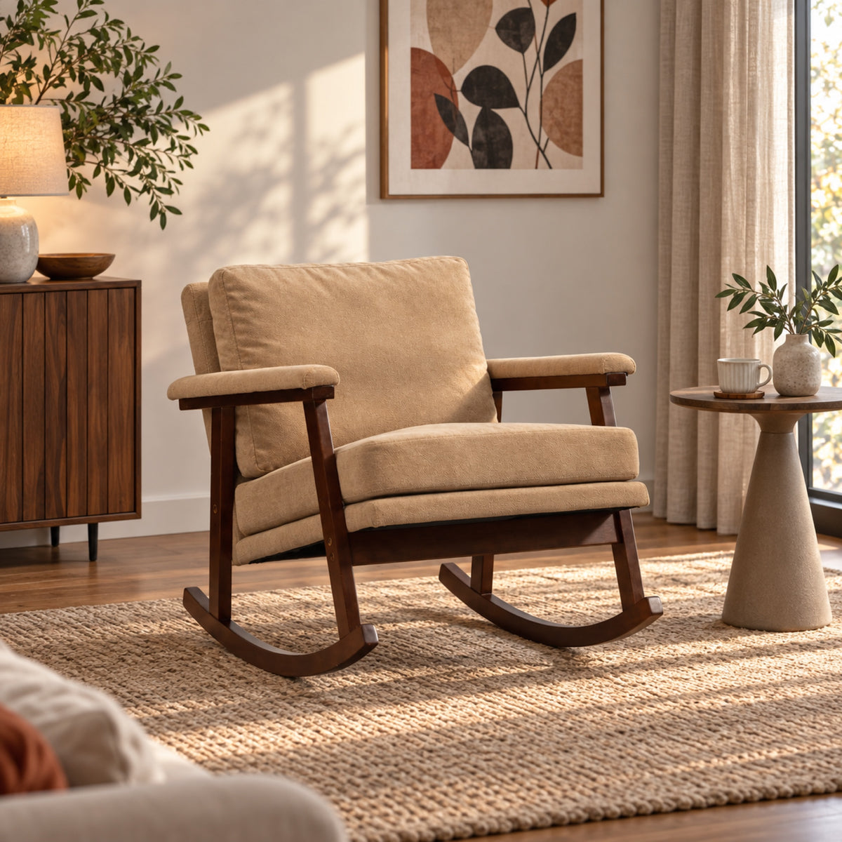 Rocking chair mid-century kaki, cadre en bois foncé, vue principale