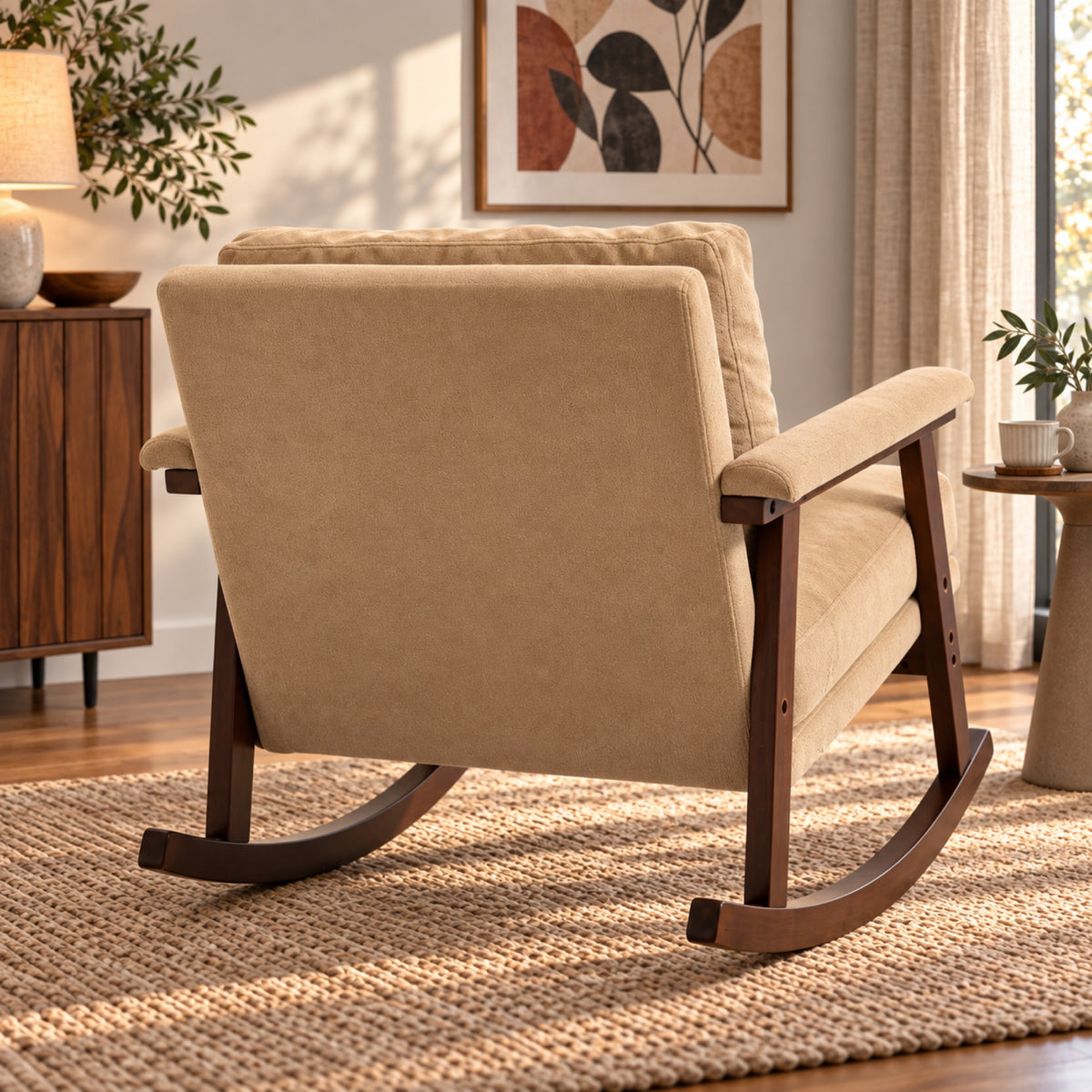 Rocking chair mid-century kaki, cadre en bois foncé, détail de fabrication