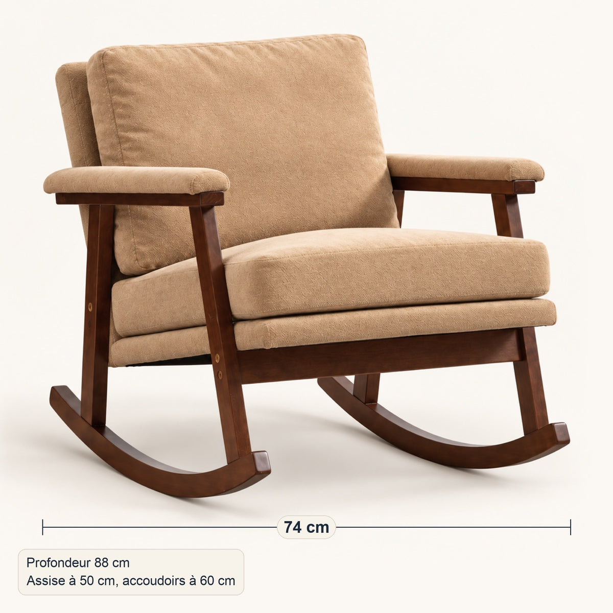 Rocking chair mid-century kaki, cadre en bois foncé, dimensions