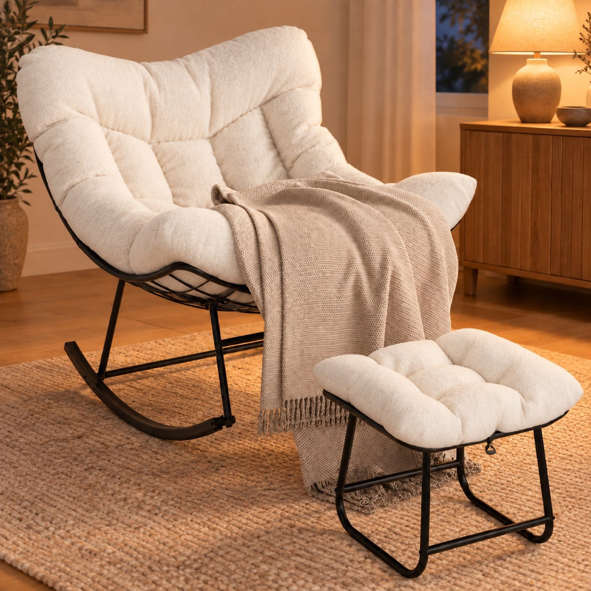 Rocking chair papasan avec pouf assorti, tissu épais – coloris blanc