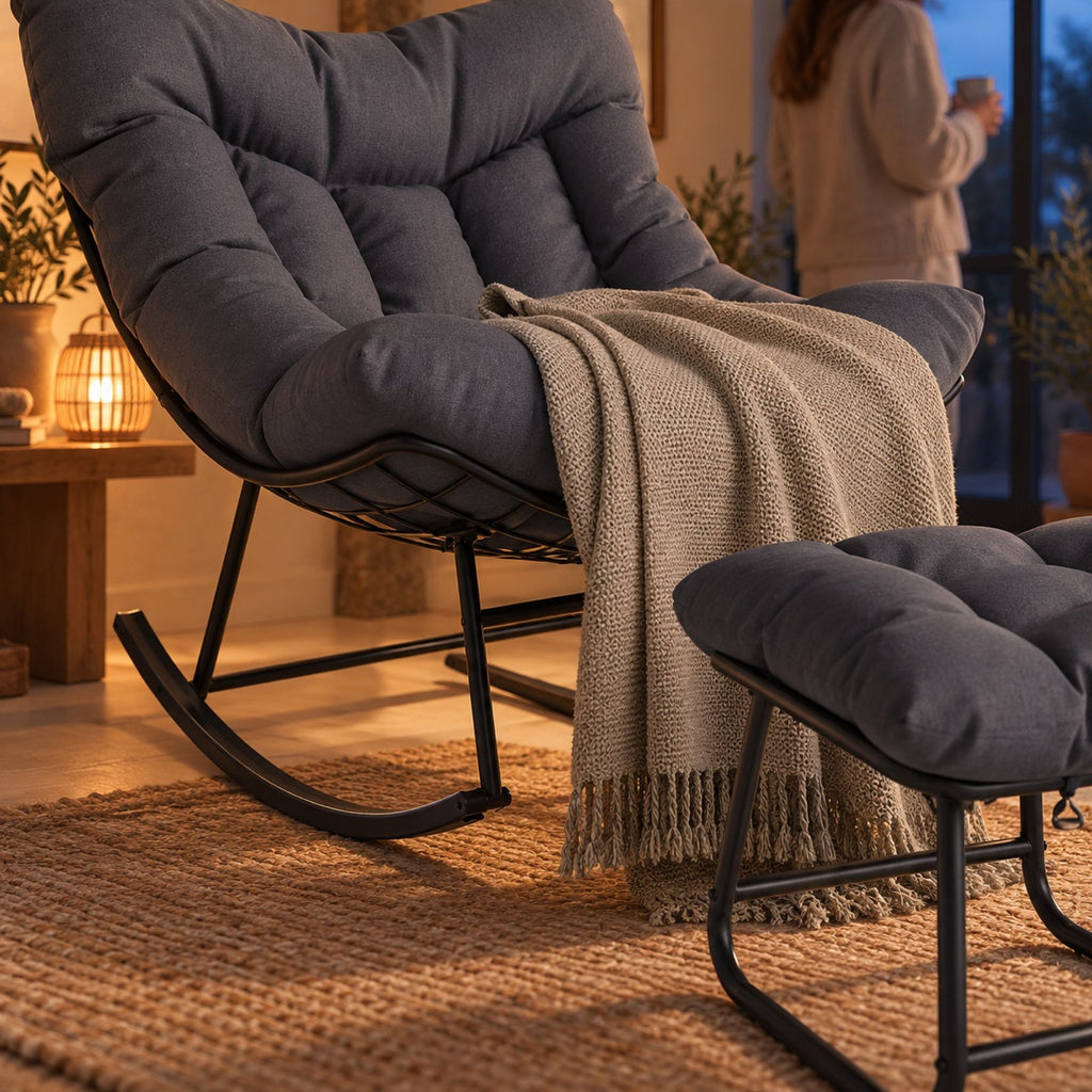 Rocking chair papasan avec pouf assorti, tissu épais – détail