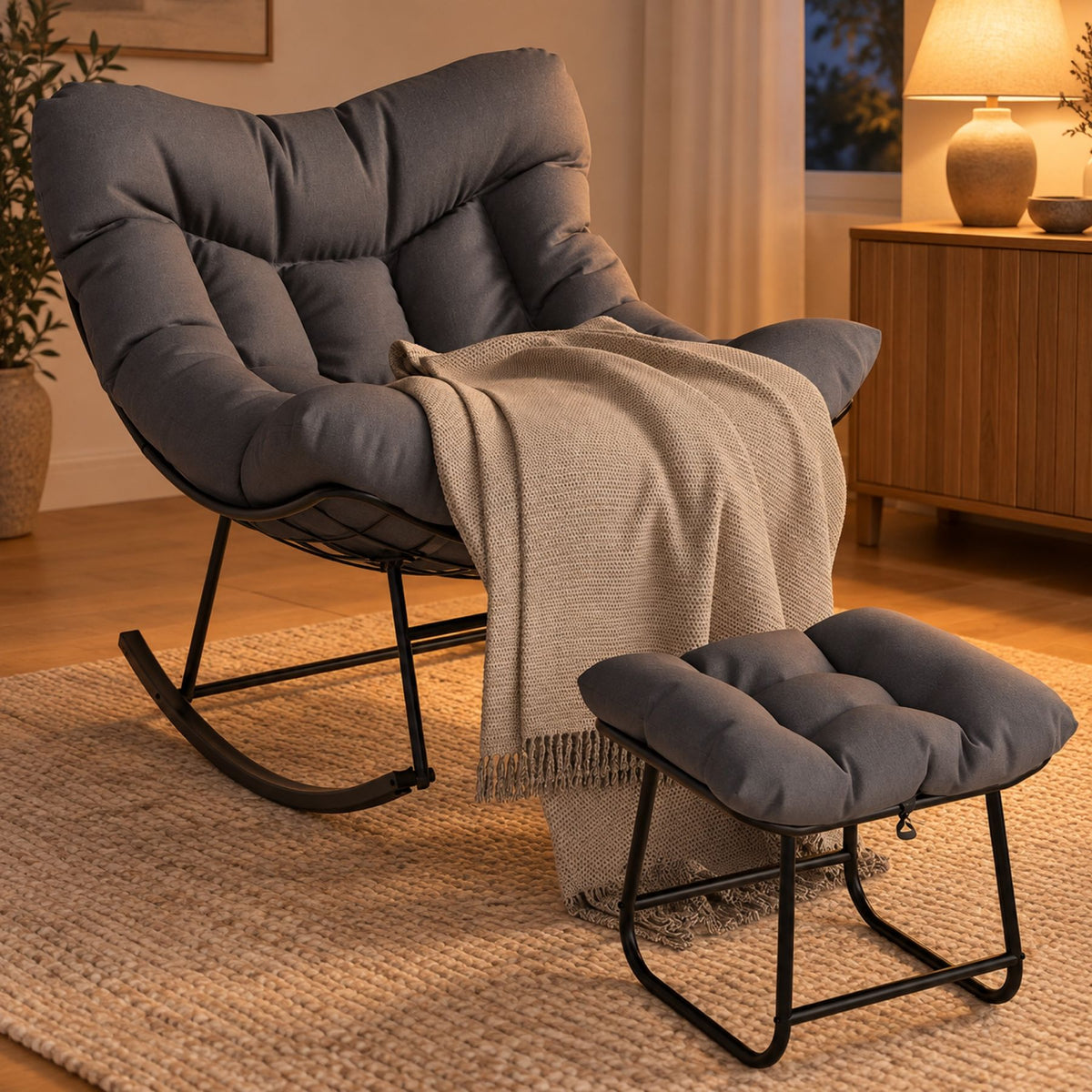 Rocking chair papasan avec pouf assorti, tissu épais – vue d'ensemble