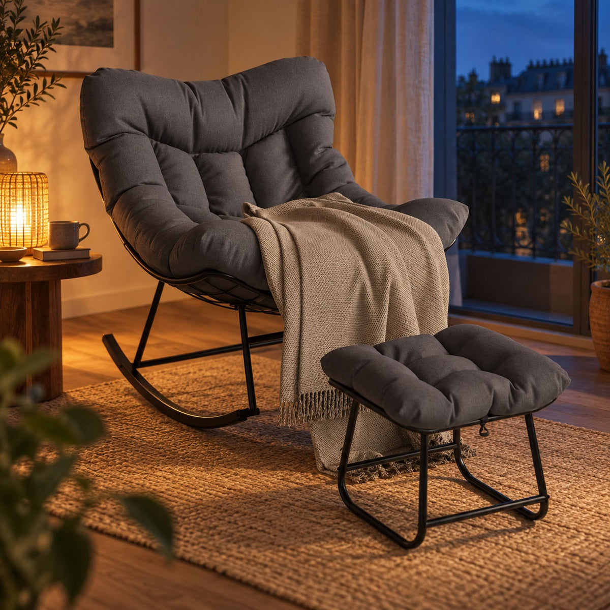 Rocking chair papasan avec pouf assorti, tissu épais – en fin de journée