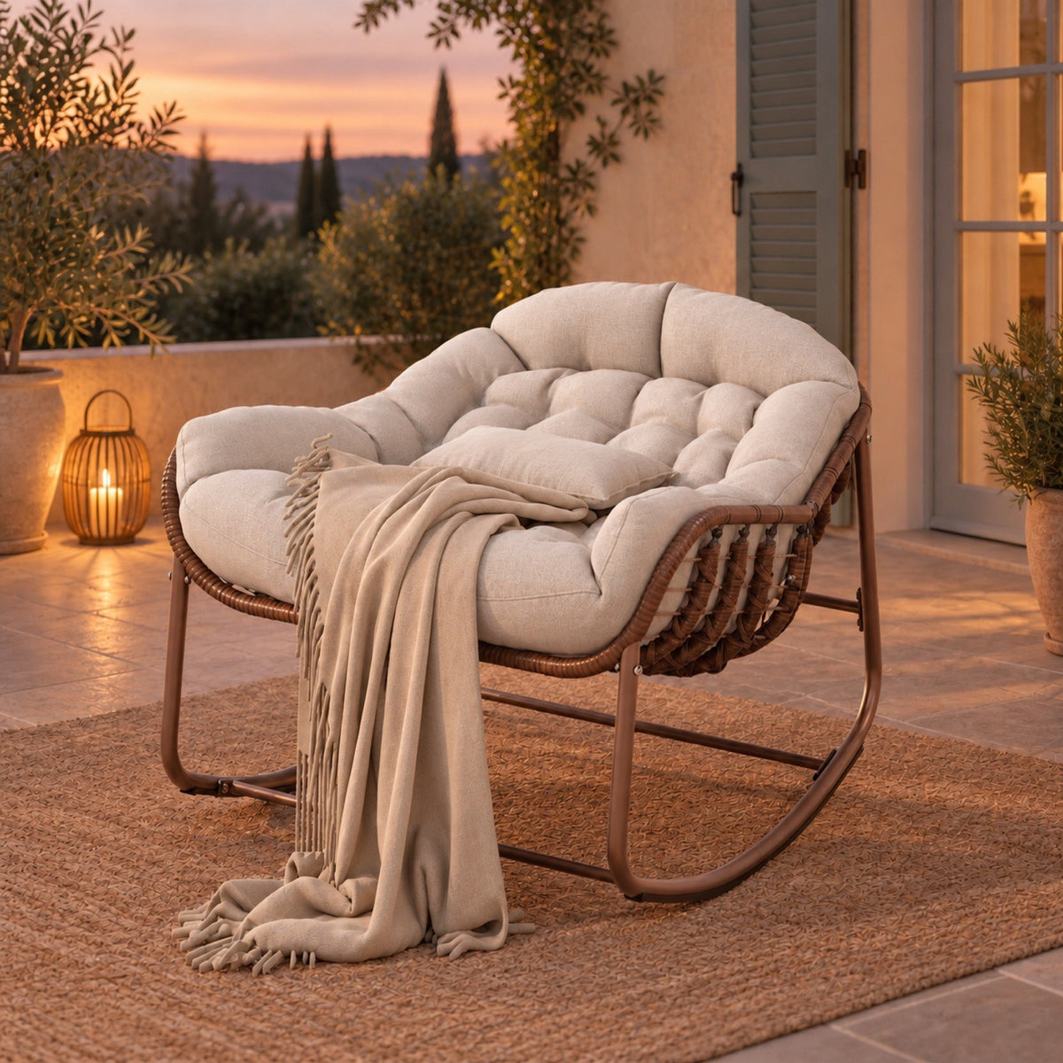 Rocking chair en rotin tressé, coussin résistant à l'eau – coloris beige