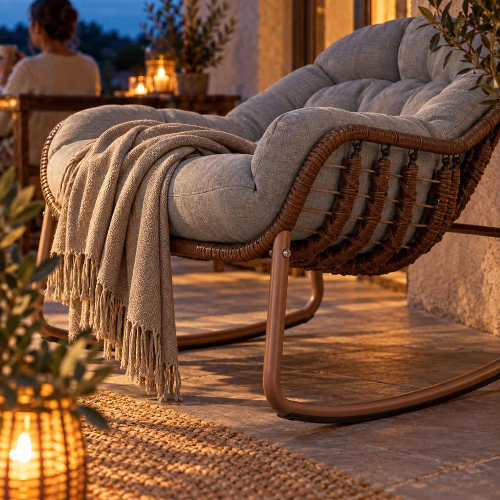 Rocking chair en rotin tressé, coussin résistant à l'eau – détail