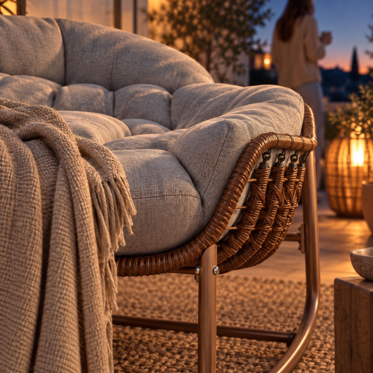 Rocking chair en rotin tressé, coussin résistant à l'eau – détail de la matière