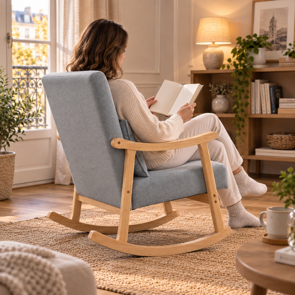 Rocking chair en tissu gris clair, cadre en bois clair, à l'usage