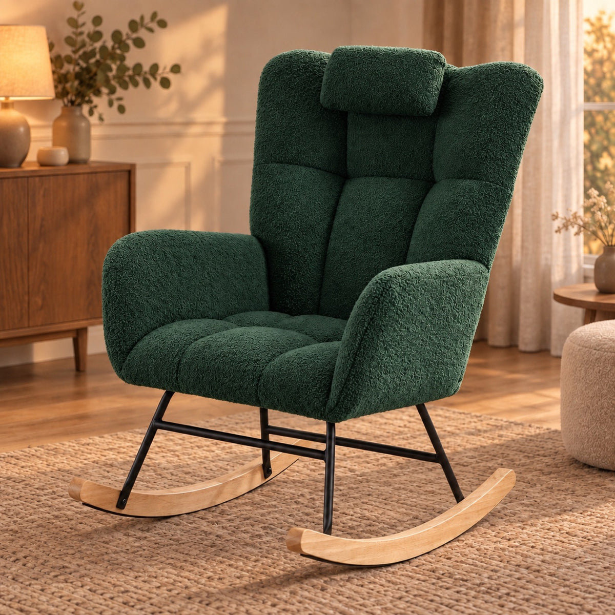 Rocking chair vintage en tissu bouclette, dossier ailé – coloris vert foncé