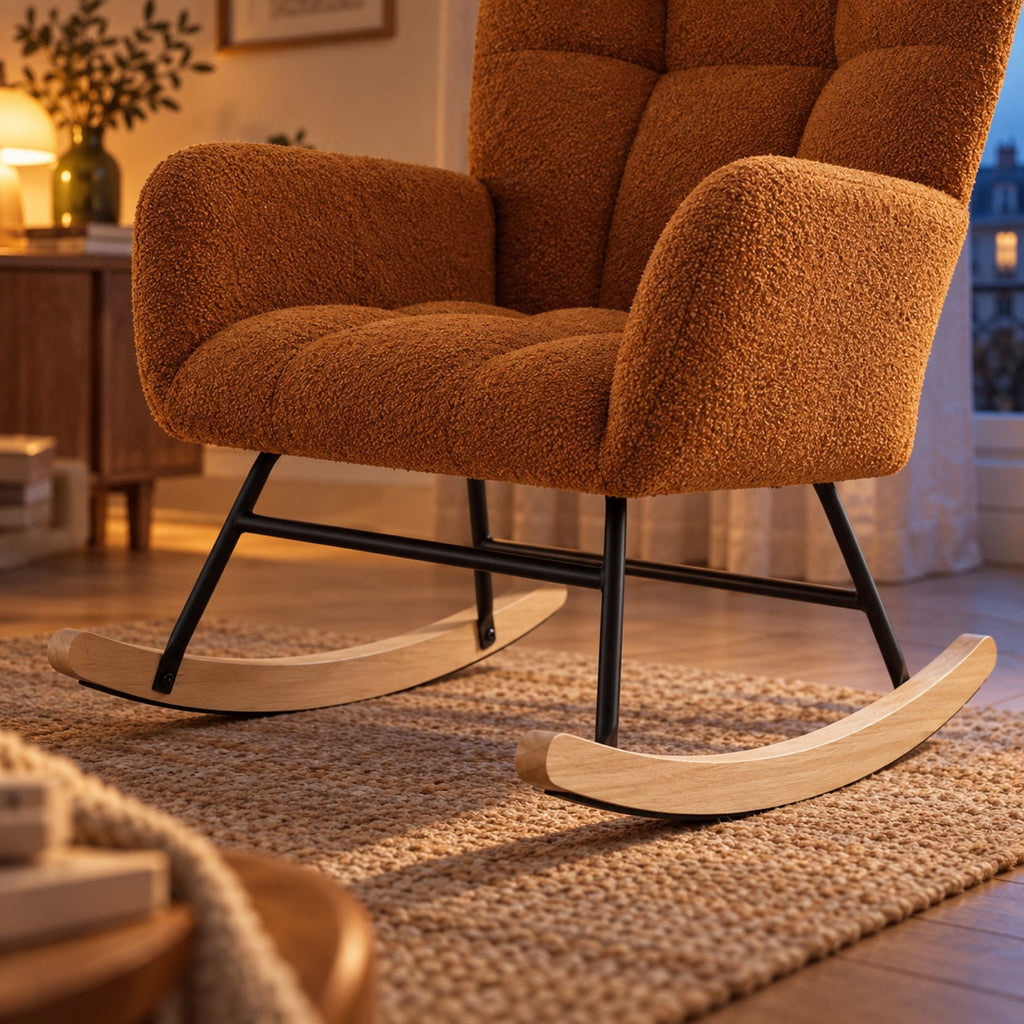 Rocking chair vintage en tissu bouclette, dossier ailé – détail