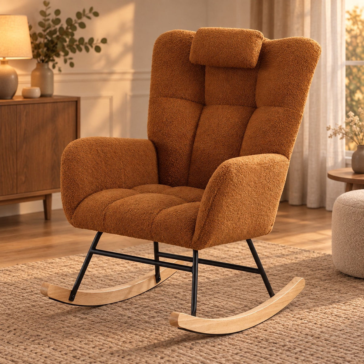 Rocking chair vintage en tissu bouclette, dossier ailé – vue d'ensemble