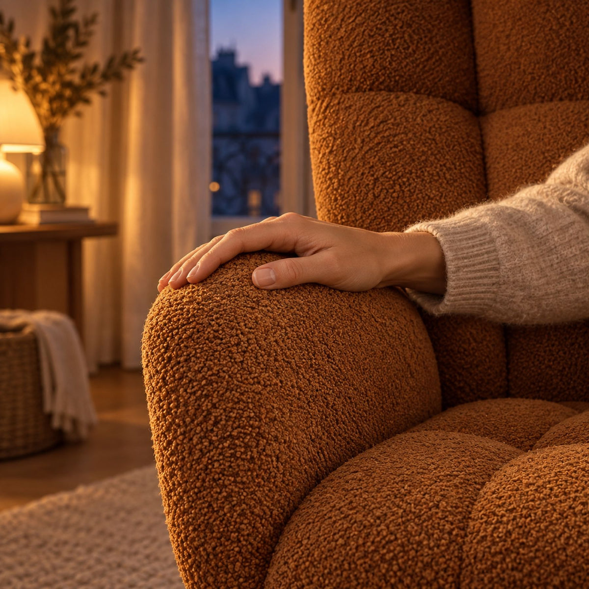Rocking chair vintage en tissu bouclette, dossier ailé – détail de la matière