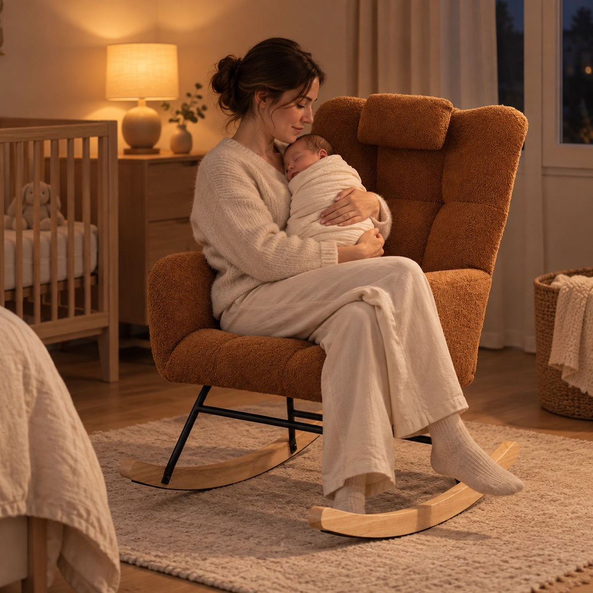 Rocking chair vintage en tissu bouclette, dossier ailé – au calme le soir