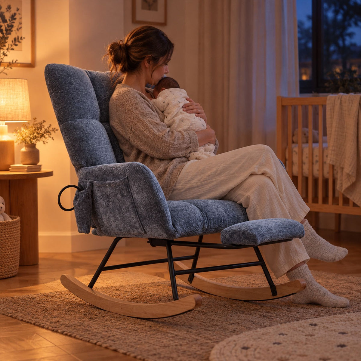 Siège à bascule rembourré, chenille scandinave – au calme le soir