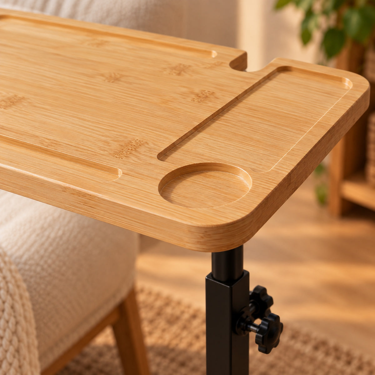 Table d'appoint en bambou, hauteur réglable et pivotante, détail de fabrication