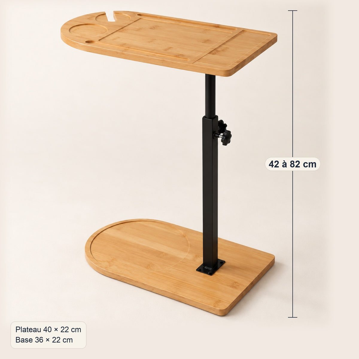 Table d'appoint en bambou, hauteur réglable et pivotante, dimensions