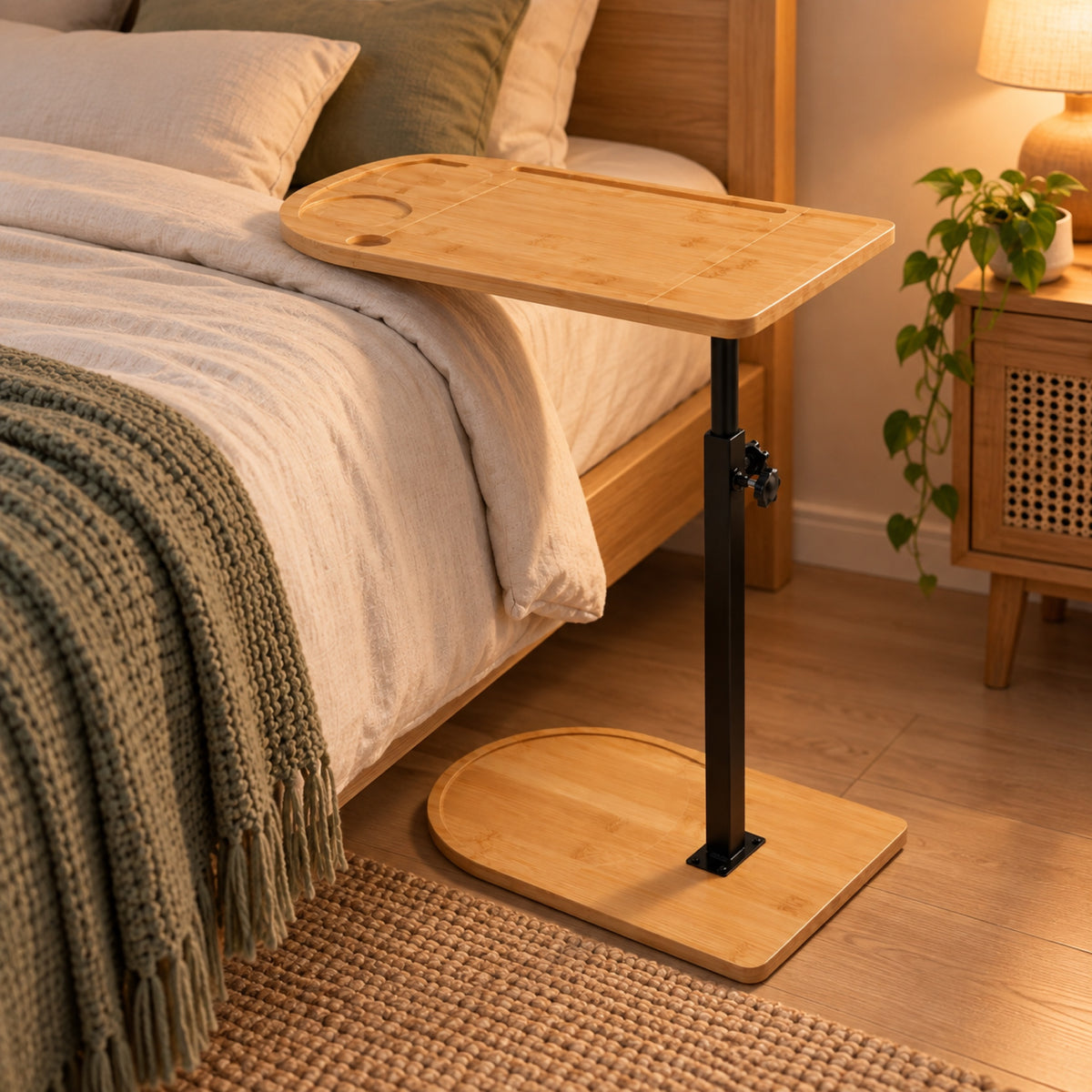 Table d'appoint en bambou, hauteur réglable et pivotante, mis en situation