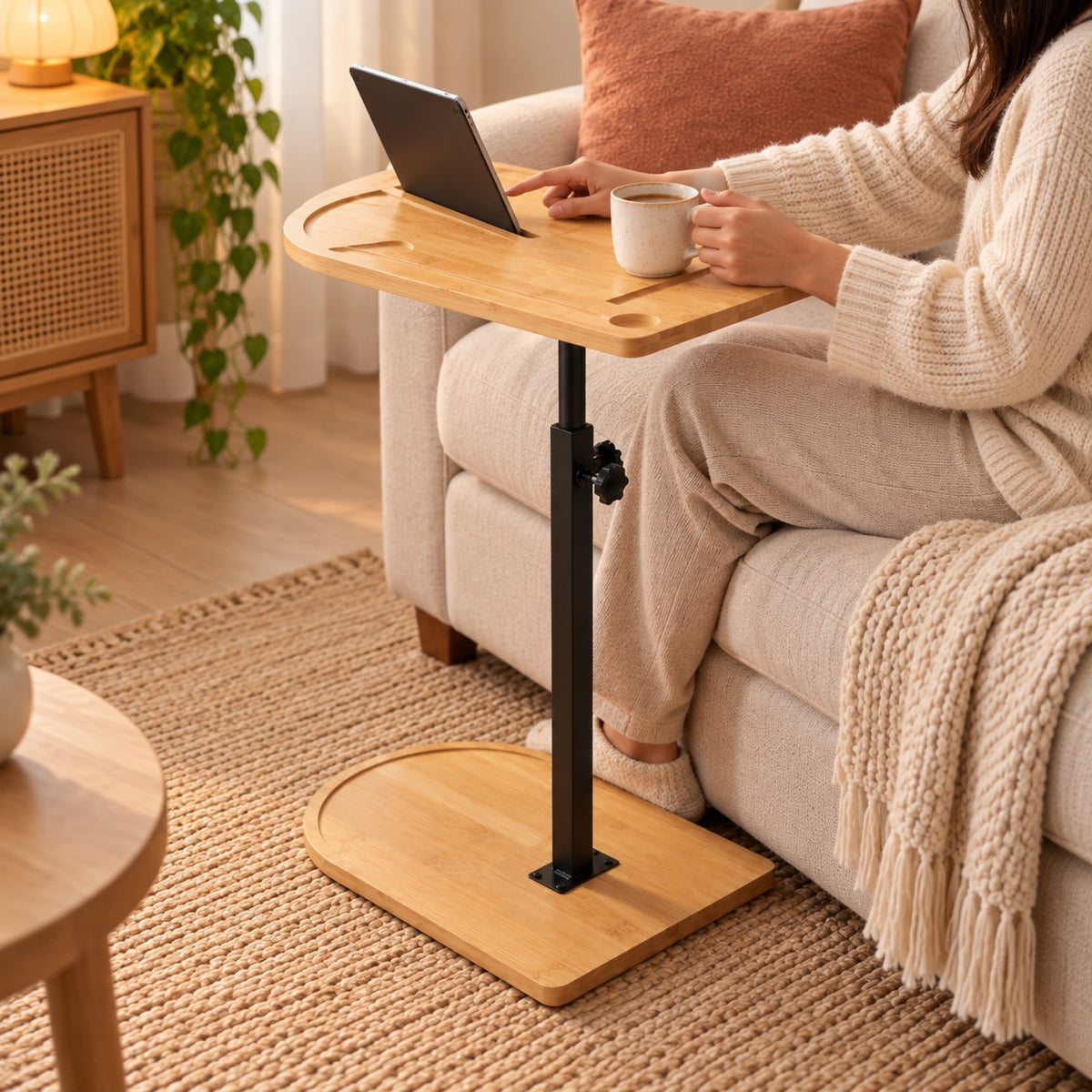 Table d'appoint en bambou, hauteur réglable et pivotante, à l'usage