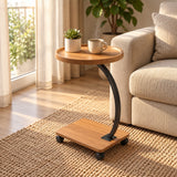 Table d'appoint en C à roulettes, plateau rond effet bois