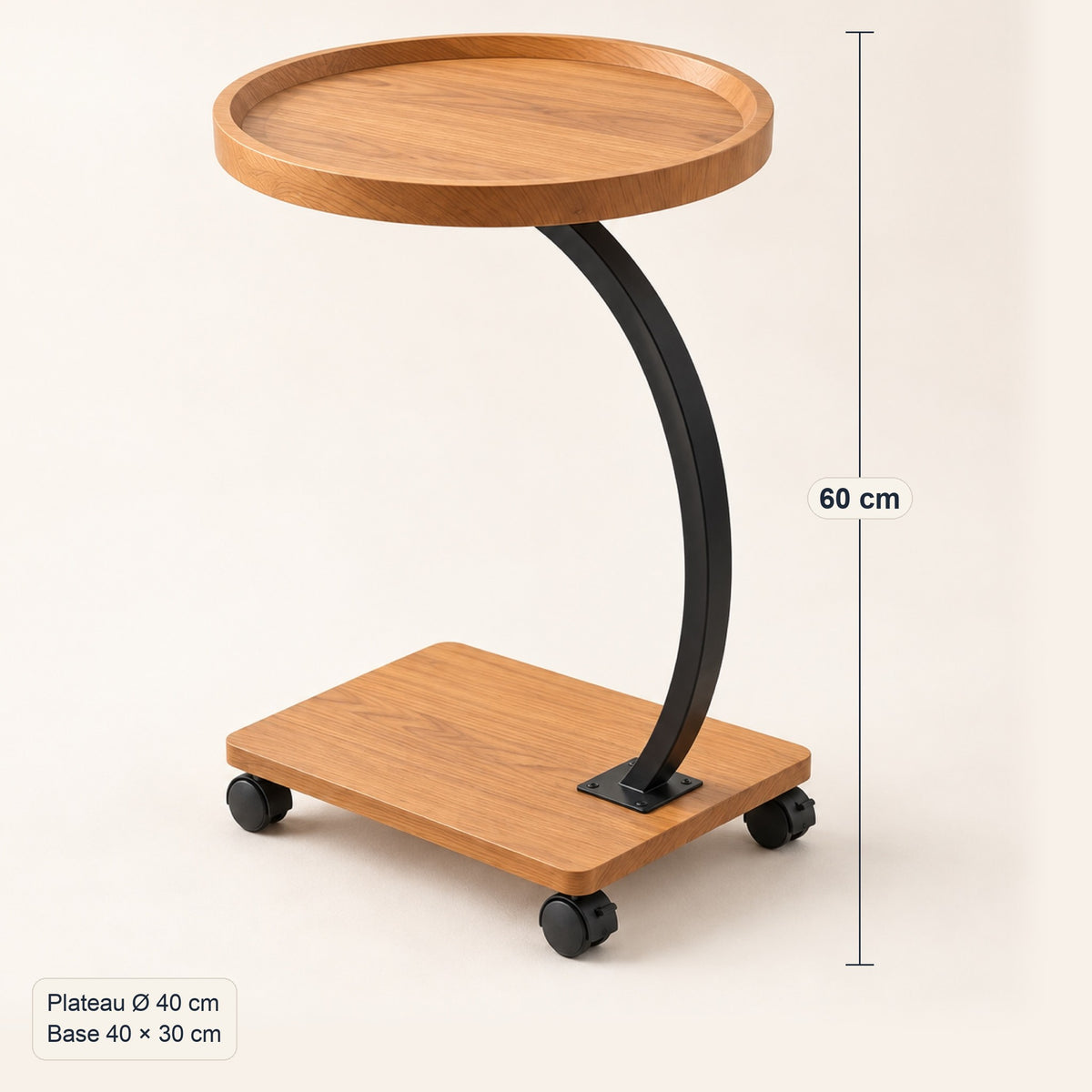Table d'appoint en C à roulettes, plateau rond effet bois, dimensions