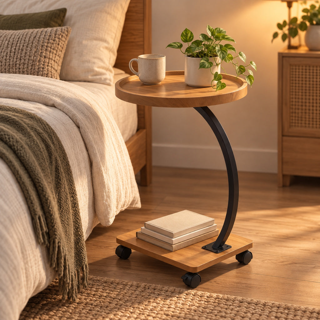 Table d'appoint en C à roulettes, plateau rond effet bois, mis en situation